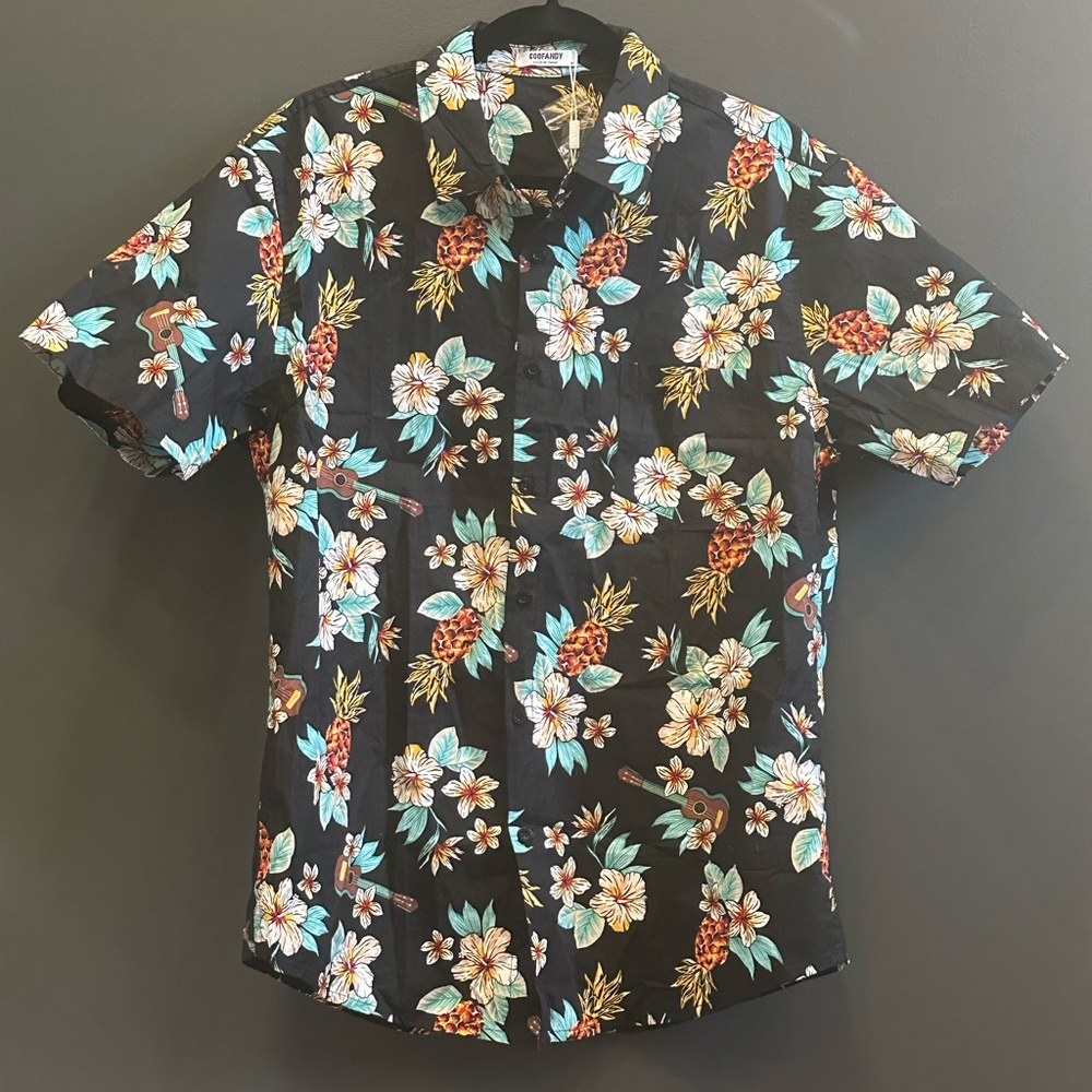 Men’s Black‎ Casual Button Down Shirt with Vibrant Floral Design | Medium | NWT